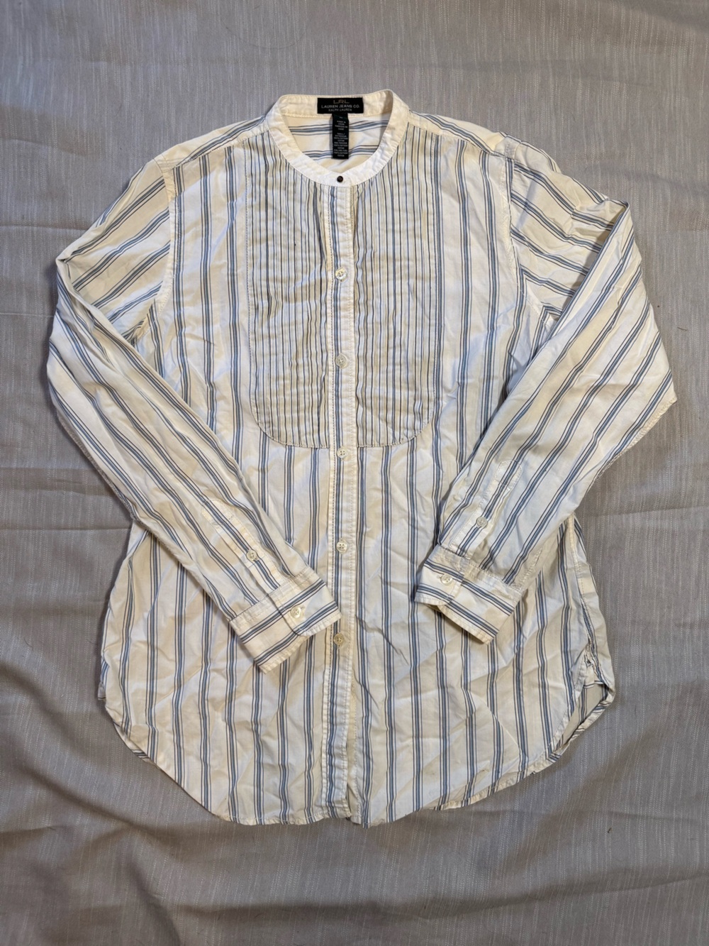 Ralph Lauren Blue White Striped Tuxedo Bib Band Collar Button Down Blouse Top